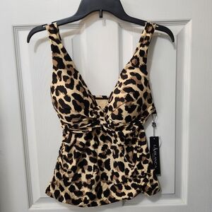 NWT La Blanca Rod Beattie Leopard Print Ruched Tankini Swim Top Sz10